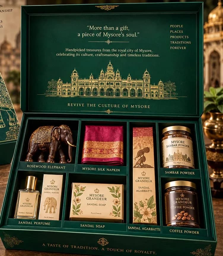 An open Mysuru Grandeur gift box with its contents arranged inside